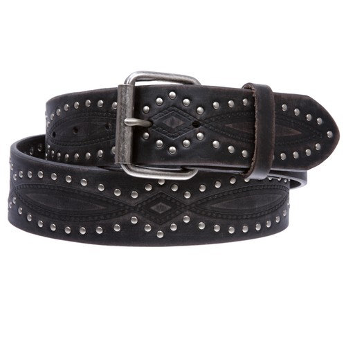 Embossed Vintage Cowhide Thick Leather Riveted Nailhead Studded Casual Jean Belt - Picture 2 of 22