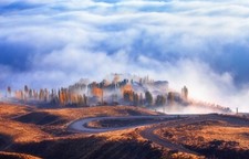 Landscape nature road mist fall clouds forest trees Custom Gaming Mat Desk