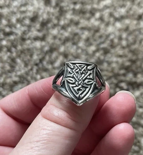 Vtg Celtic Design Scottish_Norse Solid Sterling 925 Silver Shield Band Ring 11.5