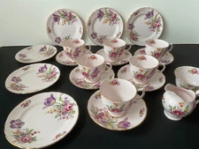 20 pc Tuscan Montrose Pink Bone China Floral Tea Cup Saucer Sets & Sm Plates
