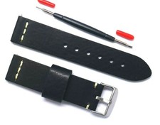 22mm Black Genuine Leather Classic Men Watch Band Silver Tone Buckle With Tool
