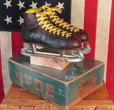 Vintage 1940s Hyde Leather Ice Hockey Skates Brown/Black 2-Tone w/Orig.Box Sz.6