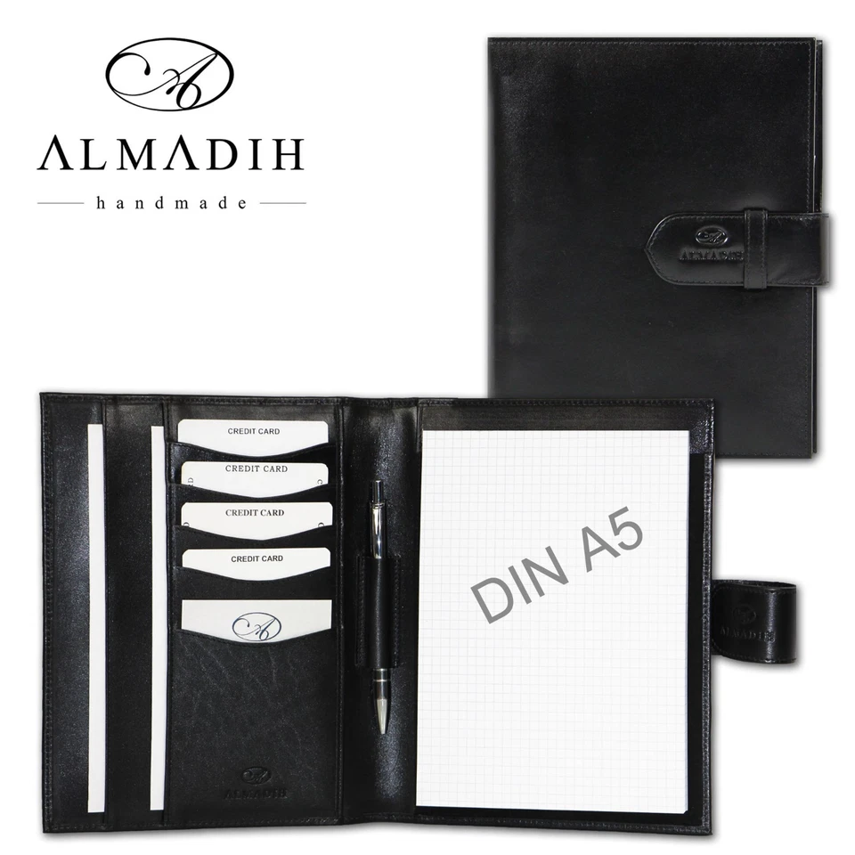 ALMADIH Leder Schreibmappe A5 Ledermappe Konferenzmappe Orgamappe Schwarz Braun 