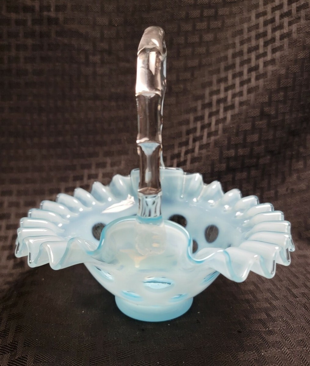 Vintage Fenton Blue coin dot Basket Art Glass Ruffle | eBay