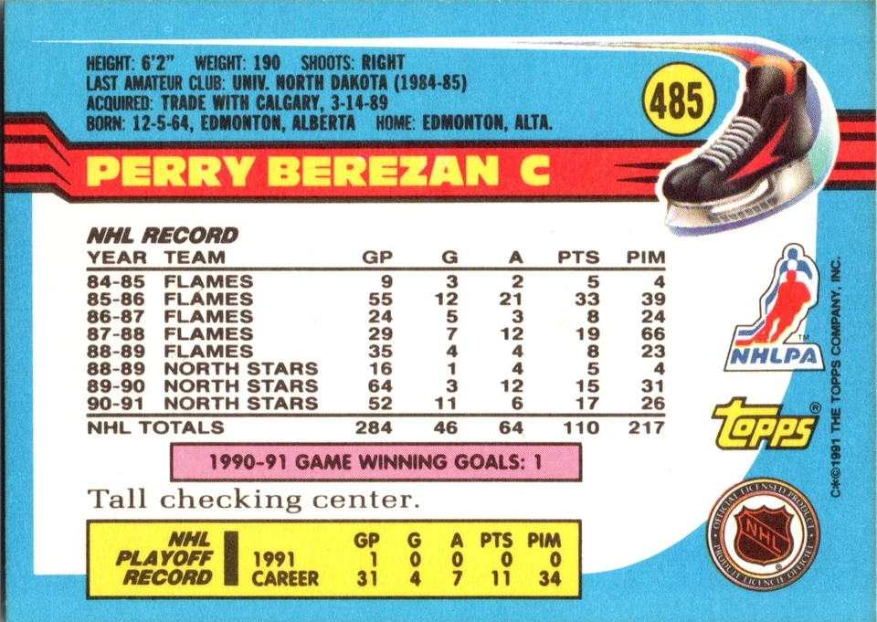 1991-92 Topps - #485 Perry Berezan - Image 2 of 2