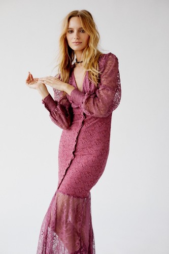 NWT FREE PEOPLE X NIGHTCAP Sz S SIENA LONG SLEEVE LACE SHEER BOTTOM GOWN WINE - Picture 2 of 5