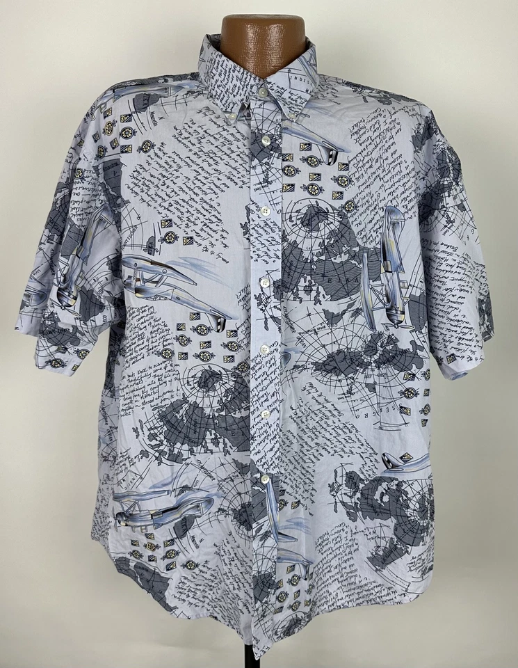 Camisa Roundtree & Yorke Años 90 Hombres XL Avión Mapa Viaje Diario Algodón Hawaiano De Colección Foto 2 de 4