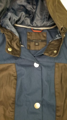 NWOT Tommy Hilfiger Womens Button Up Navy Canvas Hooded Long Rain Jacket Large - Picture 5 of 12