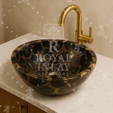 Schwarze Achat Edelstein Waschbecken &ndash; Handgemacht Beh&auml;lter & mit Gold Venen