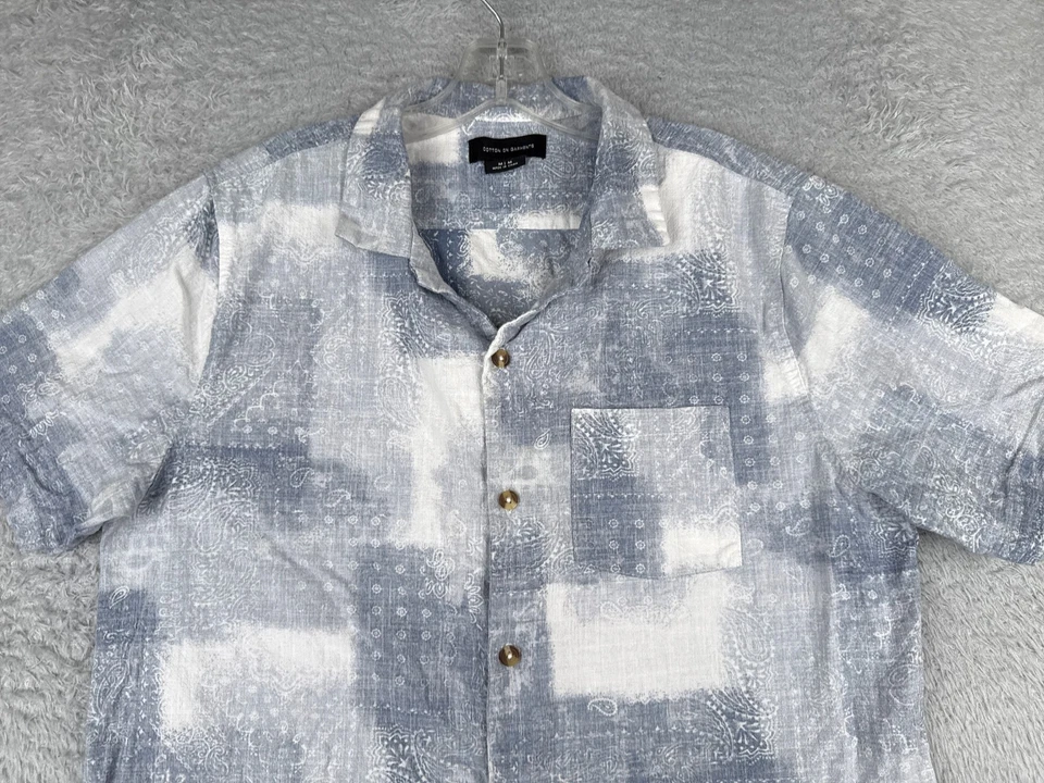 棉服装衬衫男式中号蓝色白色佩斯利 100% 棉夏威夷 — 第 4/4 张图片