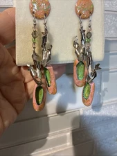 VTG 1987 LUNCH AT THE RITZ BALLET SLIPPER EARRINGS SIGNED SCRIPT ENAMEL 4”