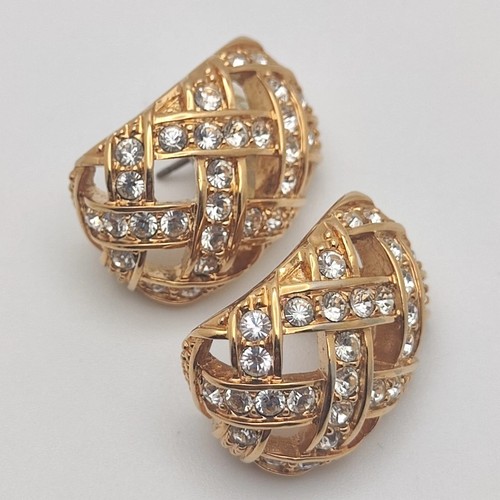Vintage Swarovski Swan Logo Earrings | Gold Tone Basket Weave CZ Studs | Signed