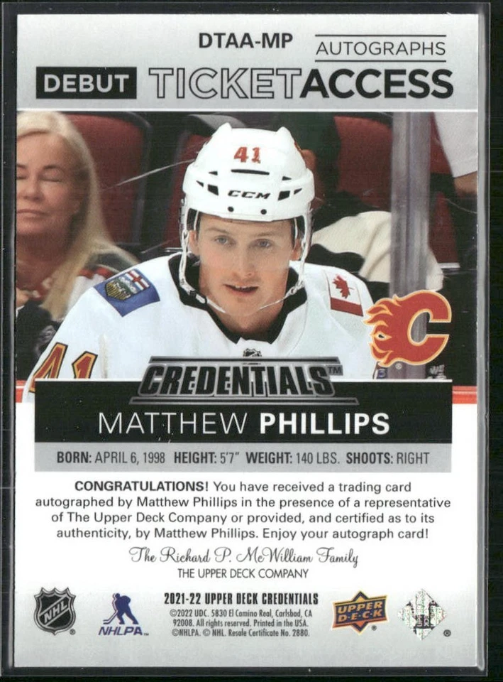 Matthew Phillips 2021-22 UD Credentials Debut Ticket Access Auto #DTAA-MP /299 - Image 2 of 2
