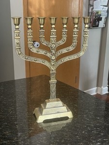 Vintage  Solid Brass Judaica Jewish Menorah Candle Holder Brass 7 Candles 15”