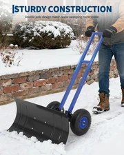 Heavy Duty Snow Shovel with Wheels Wheeled Snow Pusher Rolling Snow Removal Tool