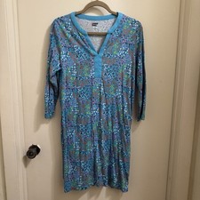 Lands End Women  s Cover Up Swim Dress Tunic 3/4 Sleeve Blue Flowers Small