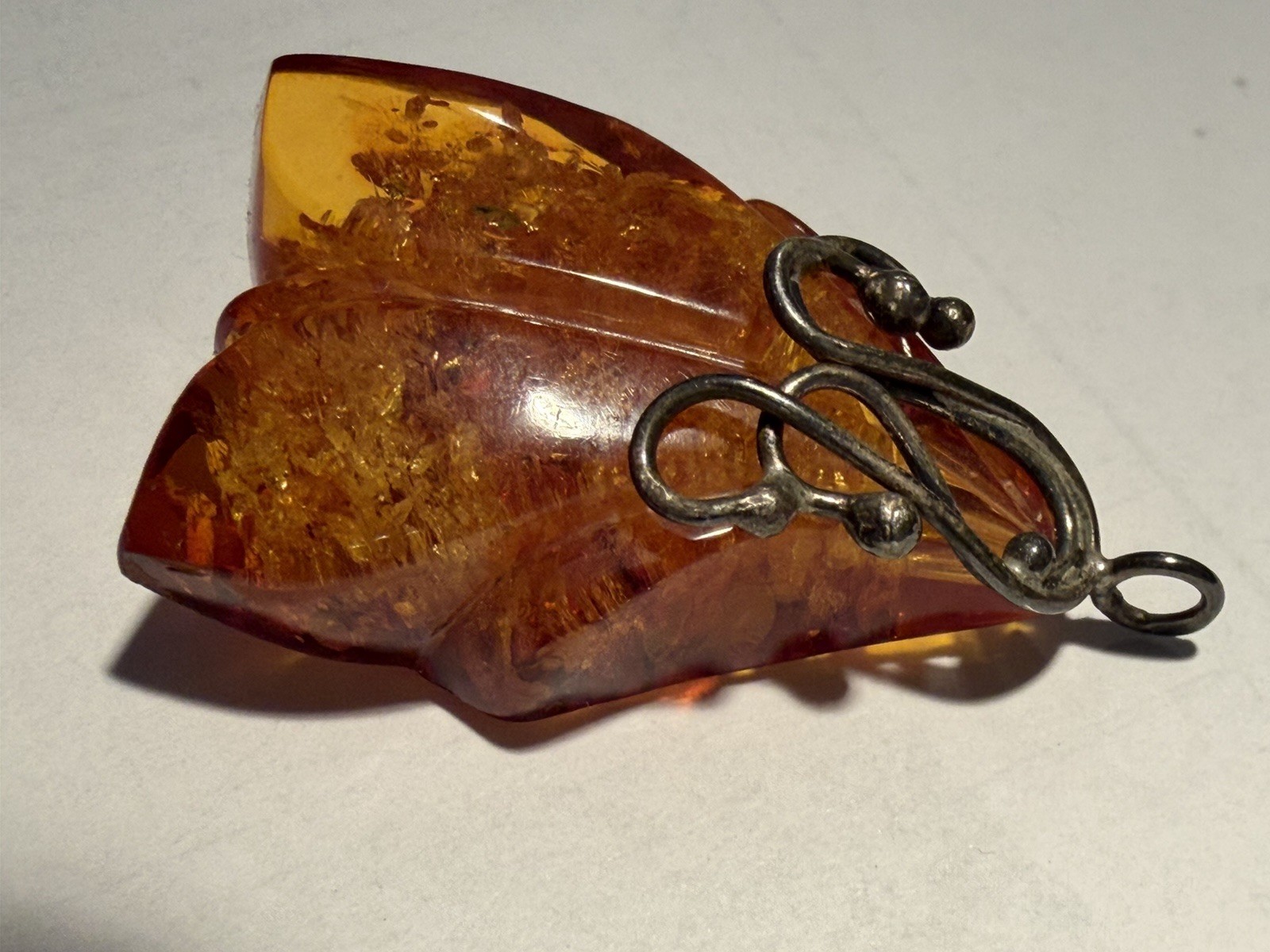 Large Rare Handcarved Baltic Amber Sterling Silver Pendant