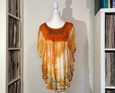Vintage Y2K Sunflower Orange Tie Dye Sequin Flowey Boho Kaftan Top Women’s OS