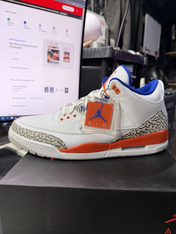 NUEVO Hombre Talla 14 Air Jordan 3 Retro Knicks Blanco Naranja Real 136064-148 Nueva York Foto 2 de 4