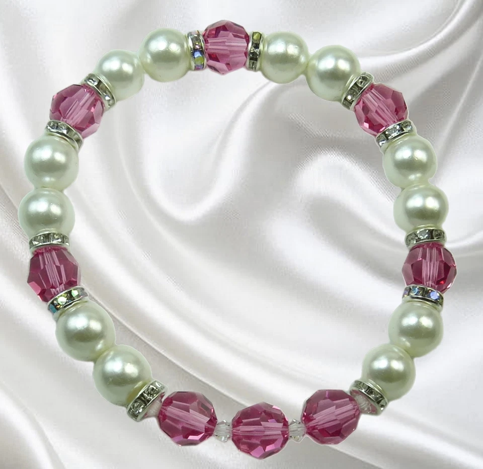 Handmade Beaded Stretch October Birthstone Bracelet: Rose Sapphire Czech Crystal - Image 2 of 4