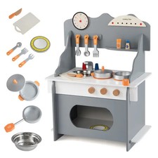 Gray Wooden Toddler Play Kitchen With Sink  Accessories, Safe Gift For Kids 3 