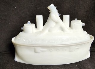 Antique Flaccid Bros Uncle Sam Battleship Milk Glass Covered Mustard Candy Dish