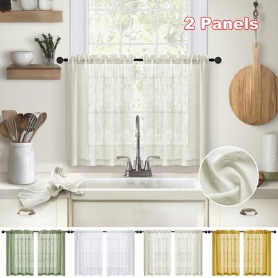 2x Cafe Gardine Küche Leinen kurzer Volant Fenster Gardine transparente Ebene klein Voile