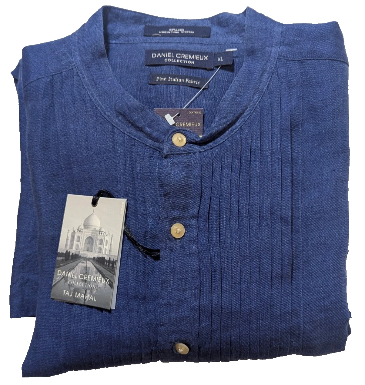 Daniel Cremieux Taj Mahal Linen Shirt Mens XL Blue Pleated Tuxedo Italian Fabric