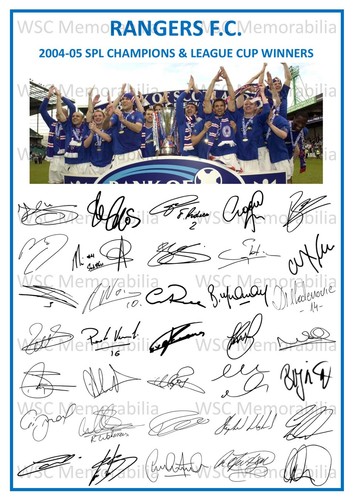 12868. 2004-05 Glasgow Rangers Signed Team Photo Sheet PRINTED AUTOS A4 Double