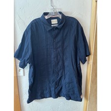 Scotch  Soda Mens XXL Navy Blue Linen Blend Pintuck Short Sleeve Button Shirt