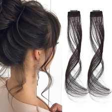 Long Side Air Bangs - Wavy Curly Clip in Curtain Front Side Bangs, Black Brown