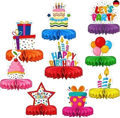9 Stück Bunte Happy Birthday Tischdeko, Waben Tischdekoration Party Deko, Geburt