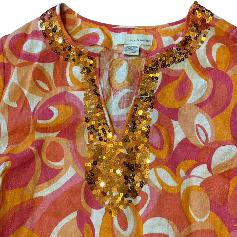 Top para mujer Lucy & Laurel 100 % lino talla mediana estampado geométrico escote lentejuelas Foto 4 de 4