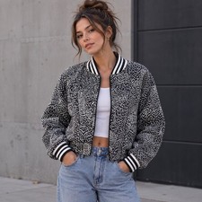 Fabletics Women's XS Black/White Speckled Mesh Cropped Full Zip Track Jacket