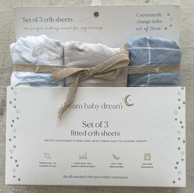 Dream Baby Dream Set of 3 Fitted Crib Sheets 28inx58in Tan Blue Dinosaurs NWT