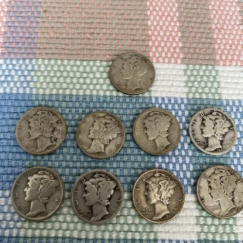 Lot of 9 Mercury Dimes 90% Silver Various Dates