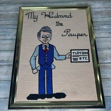 Vintage Needlepoint My Husband The Pauper Framed Wall D&eacute;cor Humorous