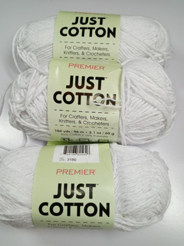 Premier Just Cotton Yarn-Lot of 3 Skeins-White-Each Skein 104 Yards