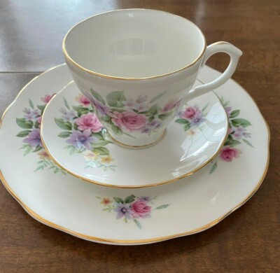 DUCHESS ESTELLE TEA CUP SAUCER & DESERT PLATE PINK & LAVENDER FLOWERS NWOT