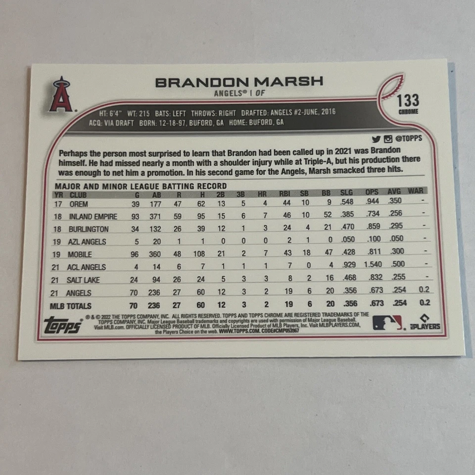 2022 Topps Chrome Base #133 Brandon Marsh RC Los Angeles Angels rookie - Image 2 of 2