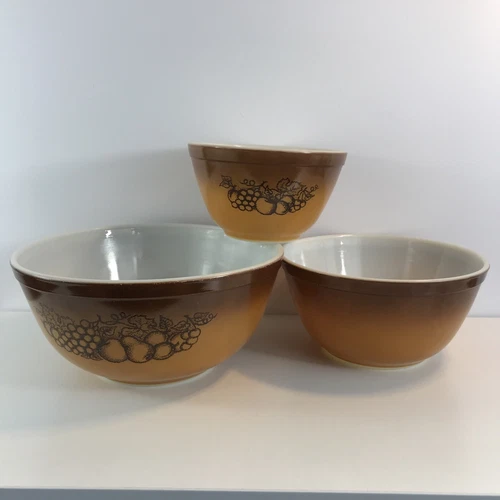 Pyrex by corning Mixing/nesting Bowl Set Brown Orchard 401,402,403 USA