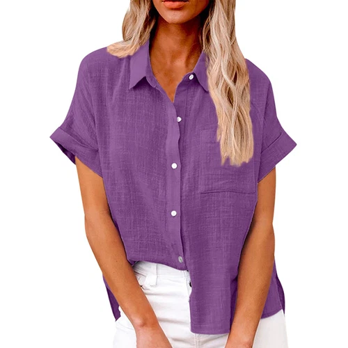 Womens Cotton Linen Casual Blouse Ladies Button T Shirt Short Sleeve Tops - Bild 37 von 72