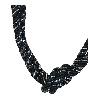 Black Rope & Silver Tone Chain Chunky Twisted Double Strand Necklace 18''-20''