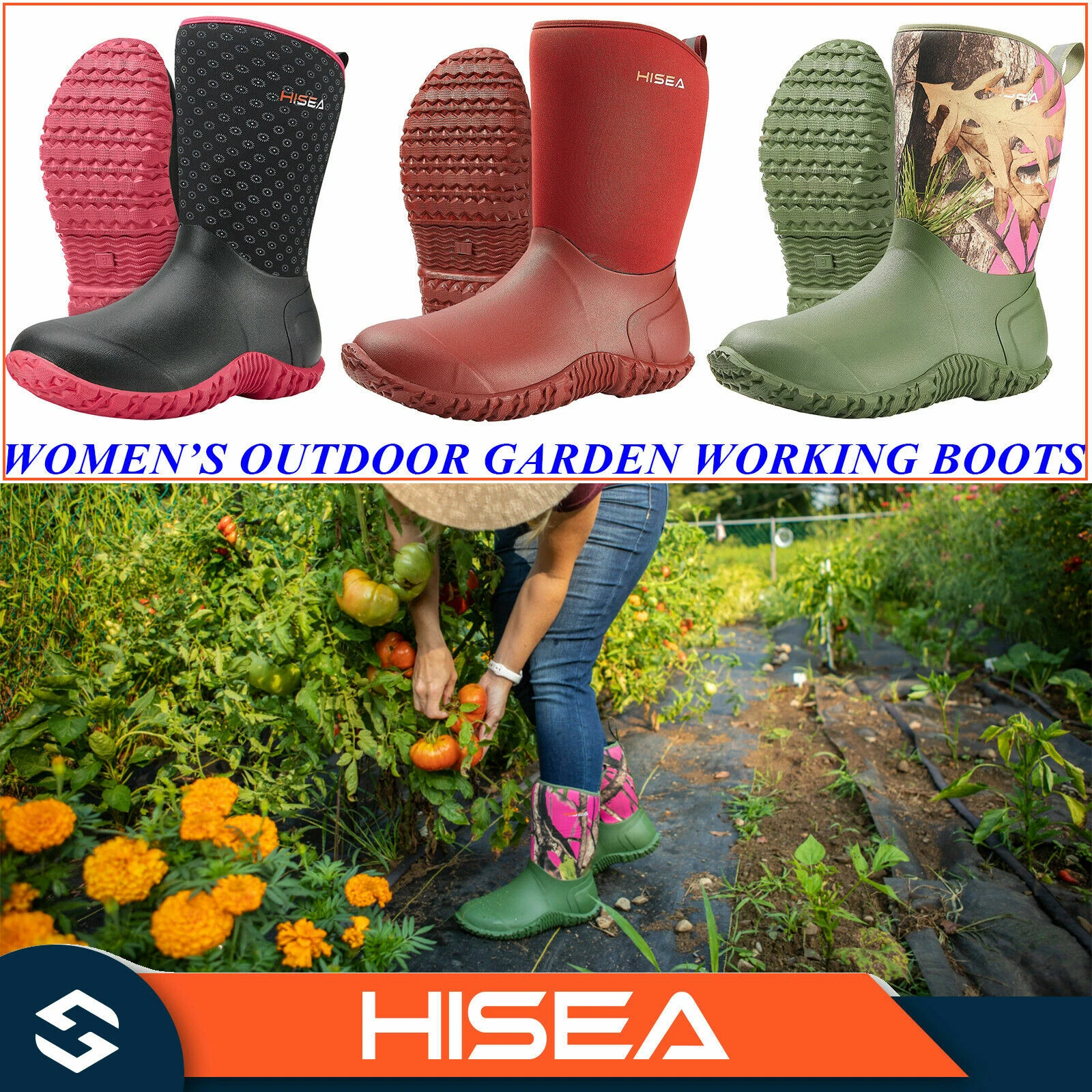 HISEA Women's Garden Boots Mid-Calf Chore Mud Working Rain Boots Contrast Color