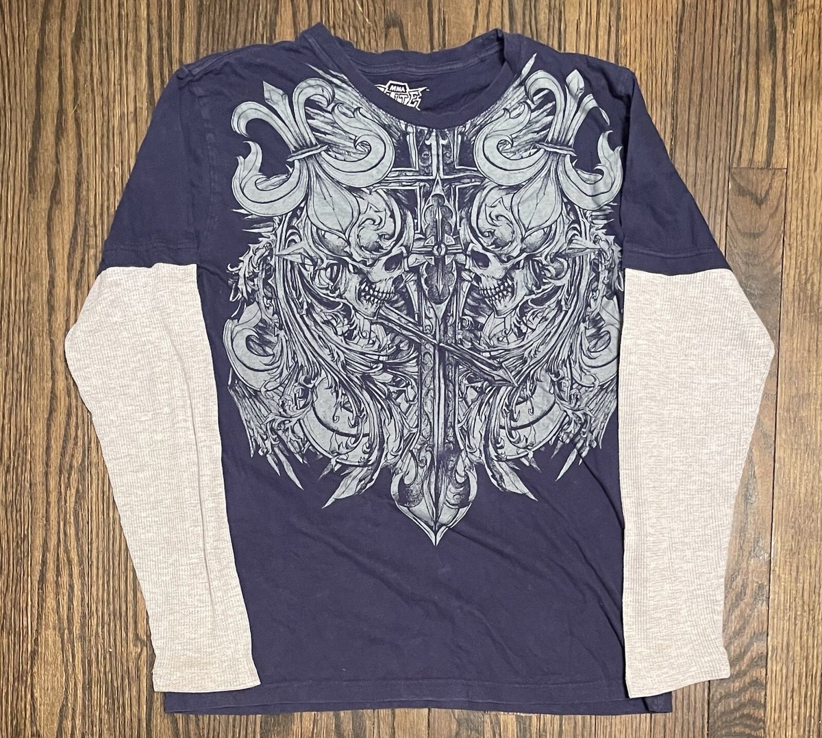 MMA Elite Shirt Mens L Blue Affliction Mallgoth Long Sleeve