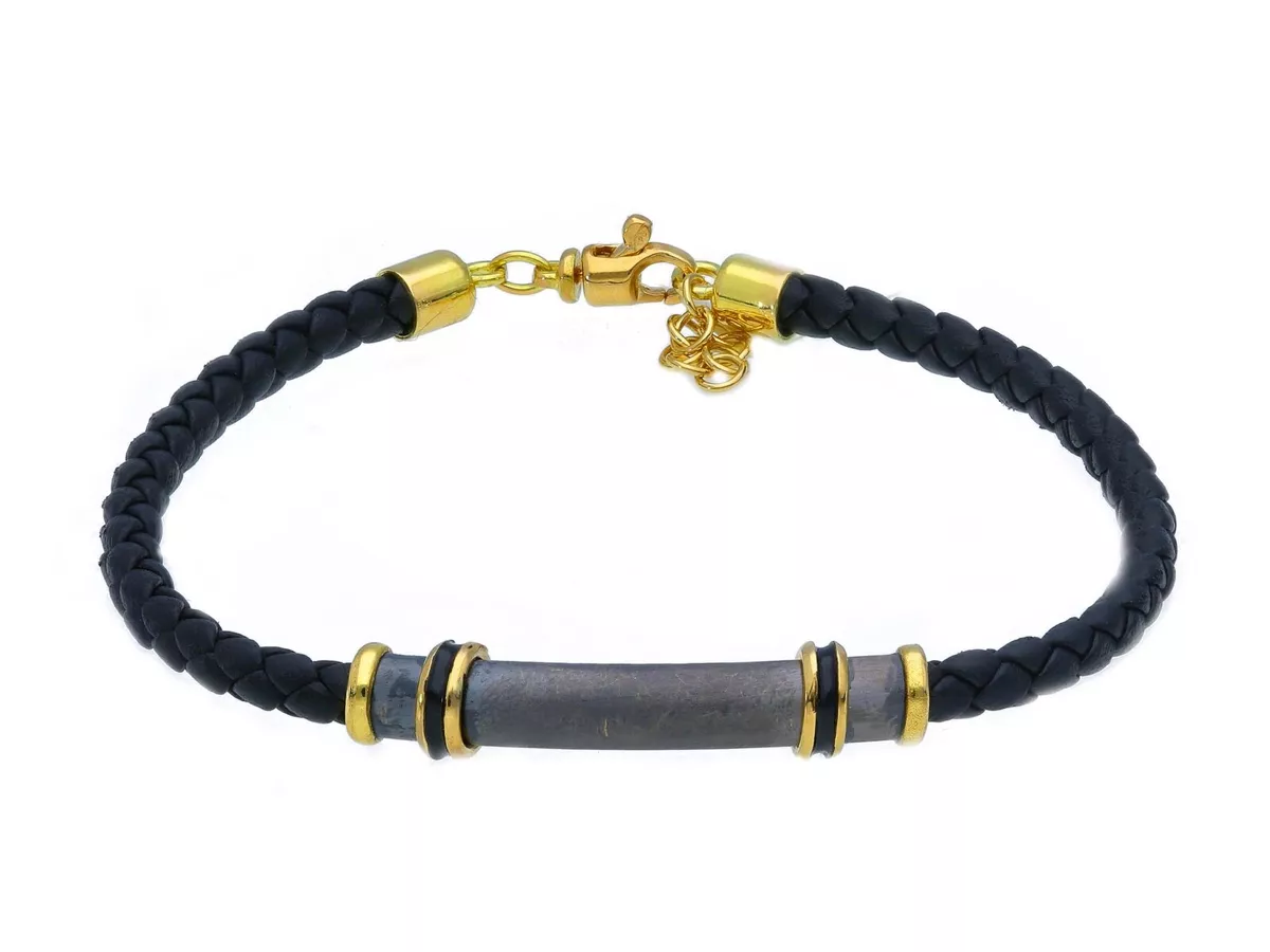 SOLID 18K YELLOW BLACK GOLD BRACELET 5mm ROUND TUBE PLATE BLACK