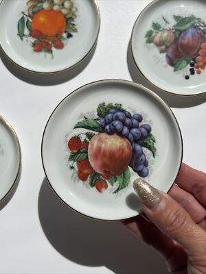 5 Hand Painted Trinket Coin Food Plates Gold Bavaria Jaeger Fruits Cute Gift Set