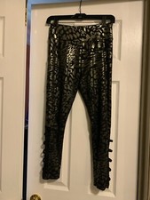 Girls 16/18 Justice Black Silver Leggings Wide Waistband Cutout Mesh Sides