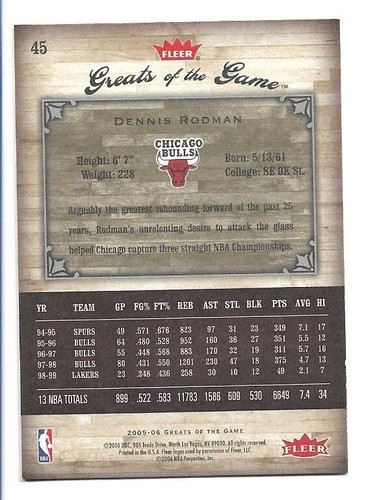 Dennis Rodman 2005-06 Fleer Greats of the Game #45 Chicago Bulls - Picture 2 of 2
