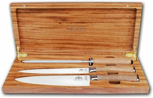 Juego exclusivo de 4 cuchillos de cocina de cubiertos exclusivos con afilador de 8" y estuche de madera de acacia - Imagen 2 de 6
